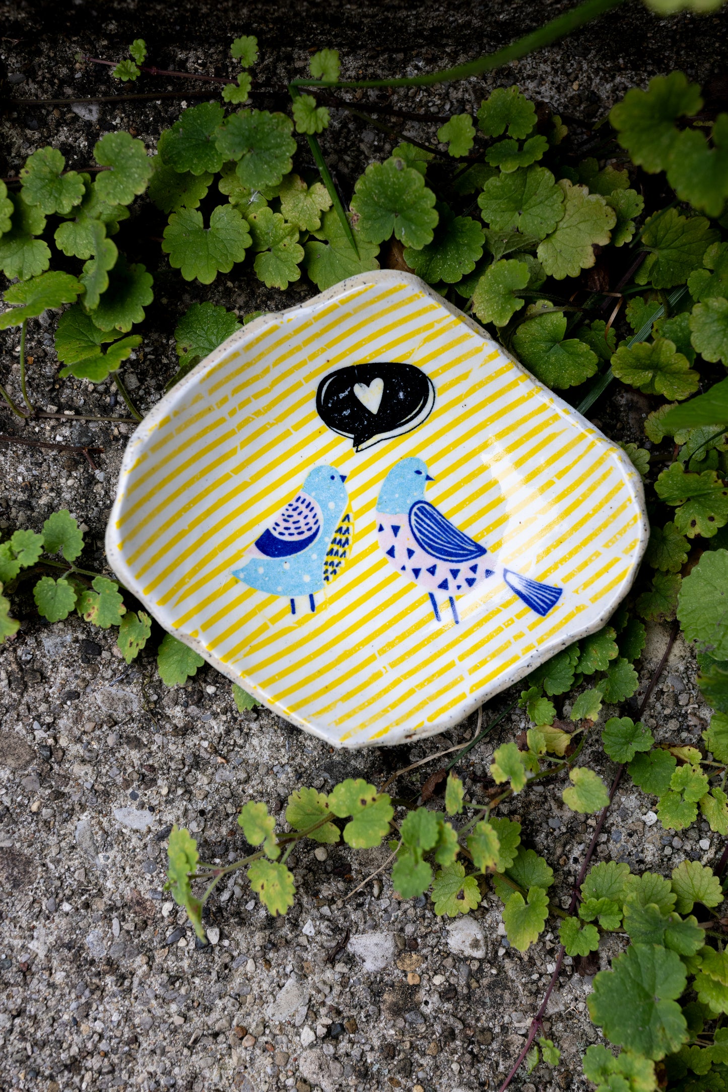 Love Birds Trinket Dish (Yellow Stripes) • Approx. 4"